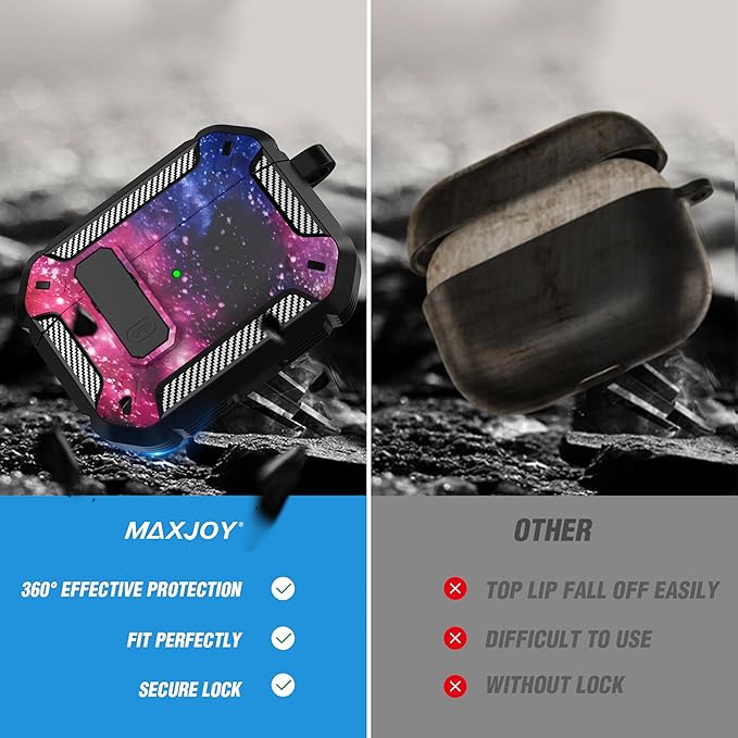 Maxjoy for AirPods Pro Case Cover with Lock, AirPods Pro 1st Generation Case for Men Military Rugged Protective Cover with Keychain Compatible with Apple AirPod Pros 2019 Front LED Visible, Starry Sky