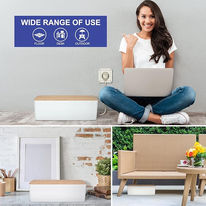Cable Management Box - Wooden Style Large Cord Organizer Box to Hide Wires & Power Strips | Desk Computer Cable Organizer Box | Safe ABS Material |16" (L) x 6.2" (W) 5.3" (H)|for Home & Office - White