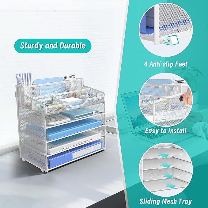 5 Tier Mesh Desk Organizer,Multi Functional Letter Paper Tray with 3 Pen Holders and 5 Adjustable Storage Compartments for Office Supplies Files and Mail Space Saving Desktop Organizer-White