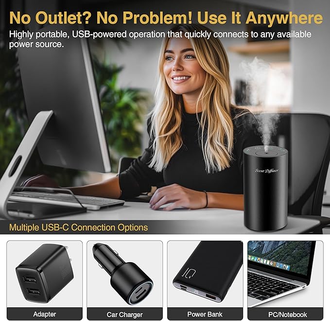 Waterless Essential Oil Diffuser Starter Kit - No Water Needed, Battery Operated Mini Scent Air Machine, Included 3x20ML Essential Oils, Portable Aromatherapy Diffuser for Home & Car & Office, Black