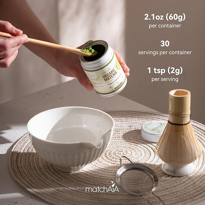 MatchAiA Organic Ceremonial Matcha Green Tea Powder - Superior Ceremonial Grade, First Spring Harvest, USDA Certified, 100% Pure - Sugar Free, Gluten Free (60g / 2.1oz Tin)