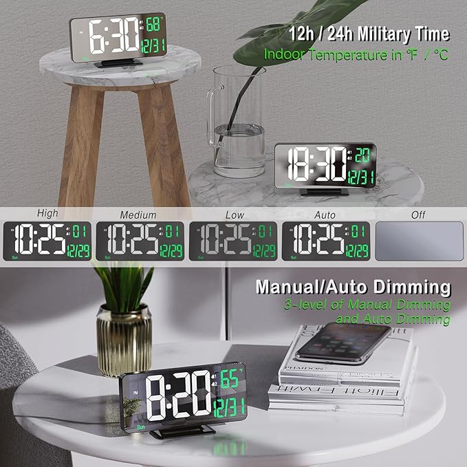 KOSUMOSU Desk Clock 6.7in Black Digital Alarm Clock with Dual Alarm, Dimming, Date, Day of Week, Temp, 12h 24h, Digital LED Clock for Table Decor, Digital Calendar Mirror Clocks Essentials