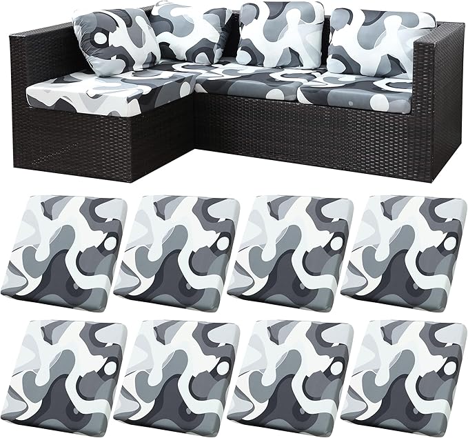 8Pcs Stretch Patio Cushion Coversfor Outdoor Couch Cushion Covers Replacement,Outdoor Sofa Covers Patio Slipcovers Couch Cover,Washable Furniture Cover (Pattern 1, Cover Only)