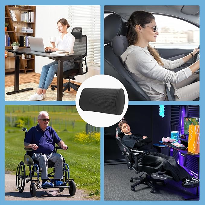 Car Headrest Pillow for Driving - Luxury Leather 100% Memory Foam, Ergonomic Neck Support - Universal Fit Head Rest Travel Pillow for Most Cars, Home & Office, Black, 1 Pack