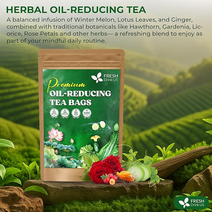 FreshDrinkUS, Oil-Reducing Herbal Tea – 10 Tea Bags | Blend of Winter Melon, Lotus Leaf, Ginger, Hawthorn, Gardenia Fruit, Rose, Cassia Seed & More | Naturally Caffeine-Free | Delicious Hot or Iced