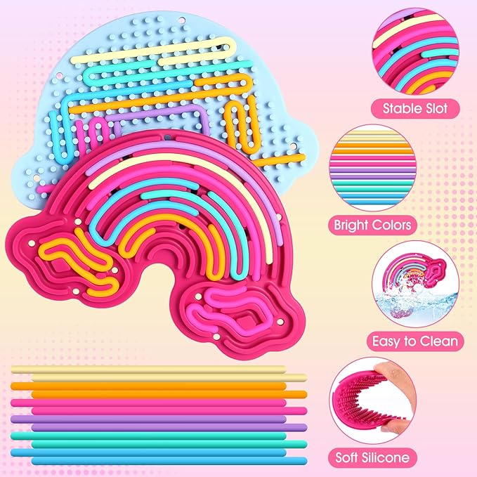 2 Pack Sensory Activity Board Silicone Fidget Toy, Double-Sided Rainbow Sensory Toys for Autism, Stress, Anxiety, ADHD, Kids 3+& Adults, Includes Travel Bag & 24 Strings, Red & Blue