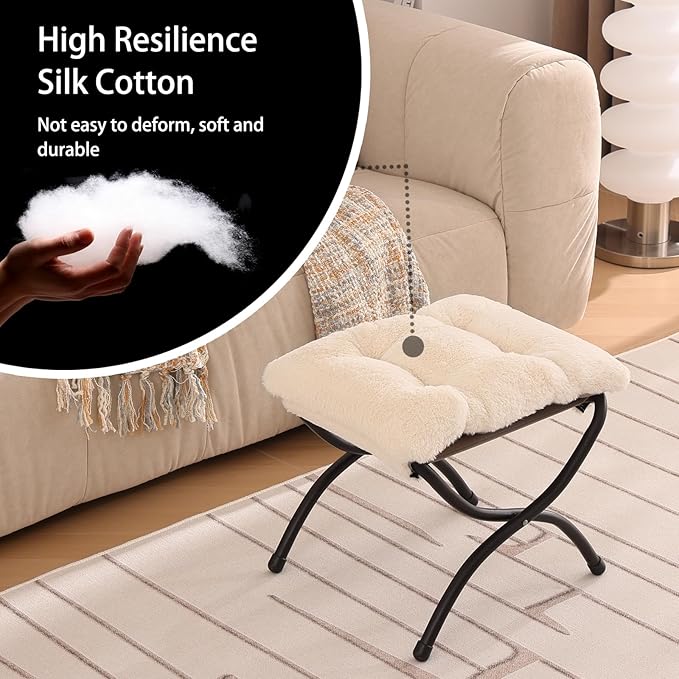 Welnow Folding Foot Stool, Upholstered Small Accent Ottoman with Detachable Thick Cotton Cushion Padded Sofa Stool and Metal Frame for Lazy Chair, Living Room, Bedroom, Plush Beige