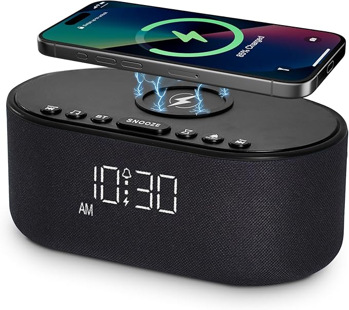 Sound Machine Alarm Clock for Bedrooms: Bluetooth 10W Stereo Sound Speaker with Wireless Charging - White Noise Machine for Sleeping with 21 Soothing Sounds - Black