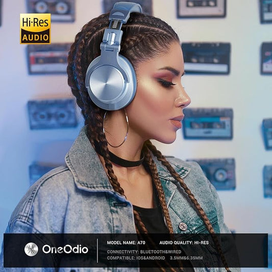 OneOdio A70 Bluetooth Over Ear Headphones, Wireless Headphones w/ 72H Playtime, Hi-Res, 3.5mm/6.35mm Wired Audio Jack for Studio Monitor & Mixing DJ Guitar AMP, Computer Laptop PC Tablet - Sky Blue
