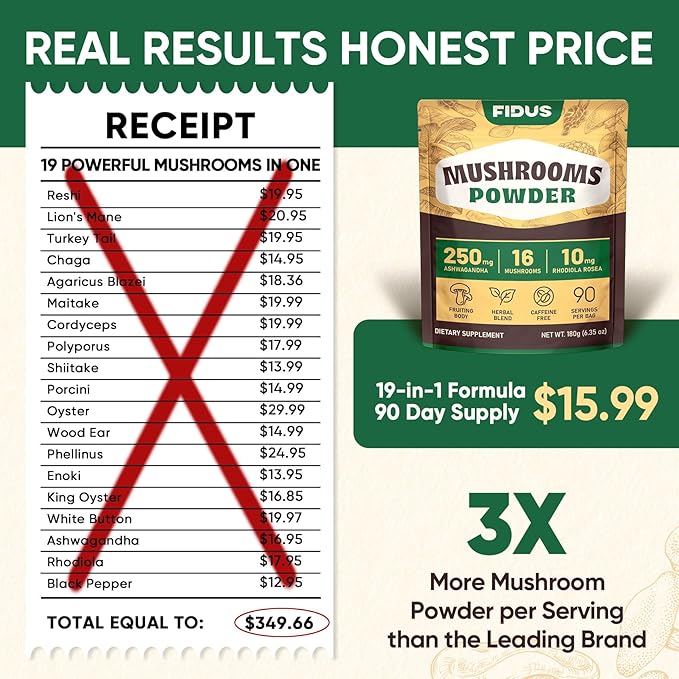 Fidus 16 Mushroom Supplement Powder with 17,300mg, 90 Servings Mushroom Coffee Alternative for Immunity, Focus & Energy with Ashwagandha, Lion's Mane, Chaga, Reishi and Cordyceps, 100% Fruiting Bodies
