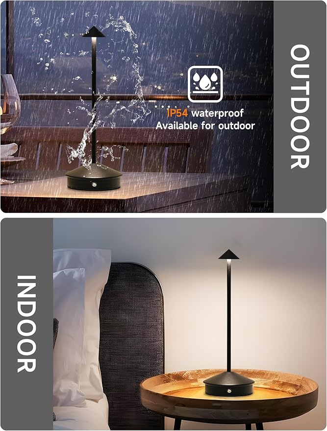 Cordless Table Lamps,LED Rechargeable Desk Lamp,Portable Modern USB Battery Operated Lights,Outdoor Waterproof Touch Dimmable,for Patio,Restaurant,Bar,Camping,Dining Home Set of 2 Black