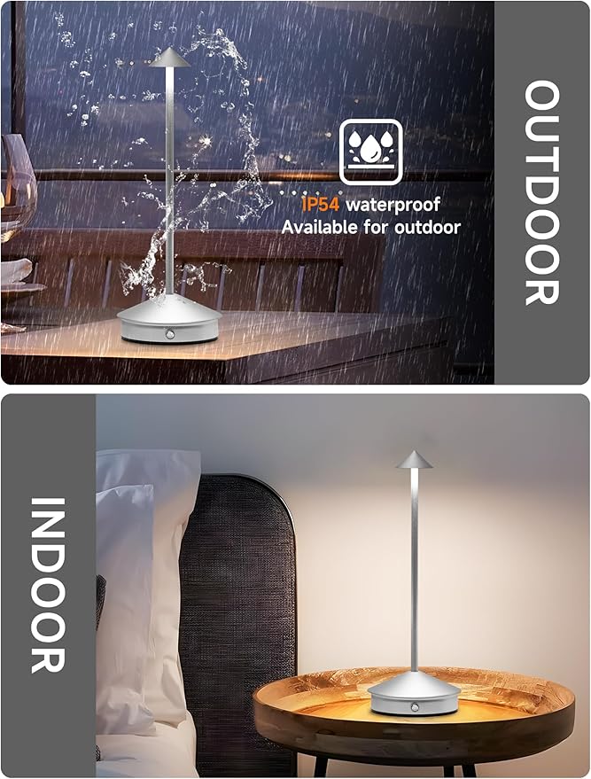 Cordless Table Lamps,LED Rechargeable Desk Lamp,Portable Modern USB Battery Operated Lights,Outdoor Waterproof Touch Dimmable,for Patio,Restaurant,Bar,Camping,Dining Home Set of 2 Silver