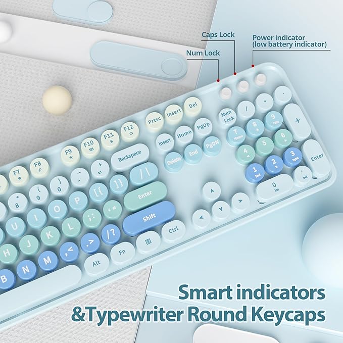 Fogruaden Blue Retro Typewriter Keyboard and Mouse Wireless, 2.4GHz Office Full-Sized Colorful Computer Keyboard with Number Pad and Cute Mouse for Windows PC Desktops Laptop