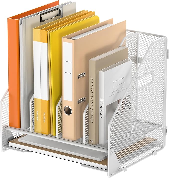 Desk File Folder Holder Organizer-4 Vertical Compartments Racks and Paper Letter Tray,Mesh Magazine File Holder Sorter,Desktop Accessories & Workspace Organizers for Home,Office,School-White