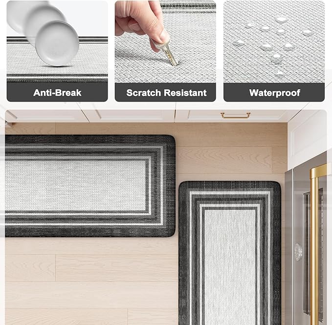 KIMODE Anti Fatigue Kitchen Mats,Non Slip Farmhouse Kitchen Rugs Sets 2 Piece,Waterproof Kitchen Mat for Floor,Cushioned Standing Mat for Office,Laundry,Sink,Desk,Black and Grey