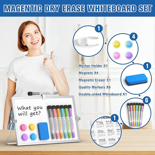 Grtard Magnetic Dry Erase White Board with Stand, 12''x8'' Double-Sided White Board for Kids, Desktop Whiteboard with Stand, Magnetic WhiteBoard Portable, Dry Erase Board for Kids, ToDo, Drawing