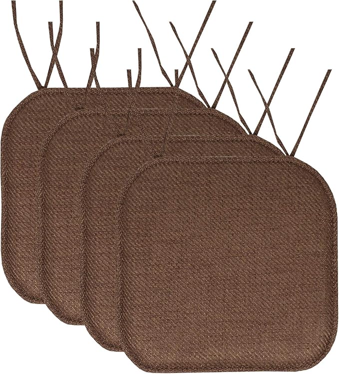 Sweet Home Collection Chair Cushion Memory Foam Pads with Ties Honeycomb Pattern Slip Non Skid Rubber Back Rounded Square 16" x 16" Seat Cover, Herringbone Brown