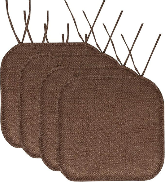 Sweet Home Collection Chair Cushion Memory Foam Pads with Ties Honeycomb Pattern Slip Non Skid Rubber Back Rounded Square 16" x 16" Seat Cover, Herringbone Brown
