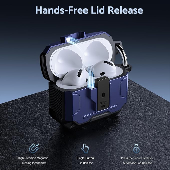 DASFOND Armor Earphone Cover Case for Airpods 4 Generation, Military Grade Full Body Shockproof Protection Hard Case, Support Wireless Charging with Keychain, Magnetic Lid, Front LED Visible, Blue
