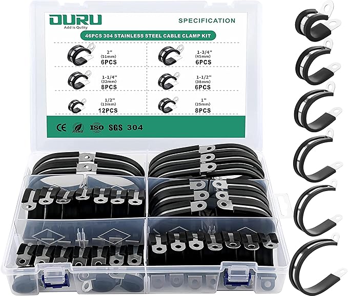 46PCS Cable Clamps Assortment Kit,Stainless Steel Rubber Coated Cushioned Insulated Cable Clamp,Automotive Wire Clamps,Pipe Clamps,Metal Clamp in 6 Sizes—1/2'' 1'' 1-1/4'' 1-1/2'' 1-3/4'' 2''