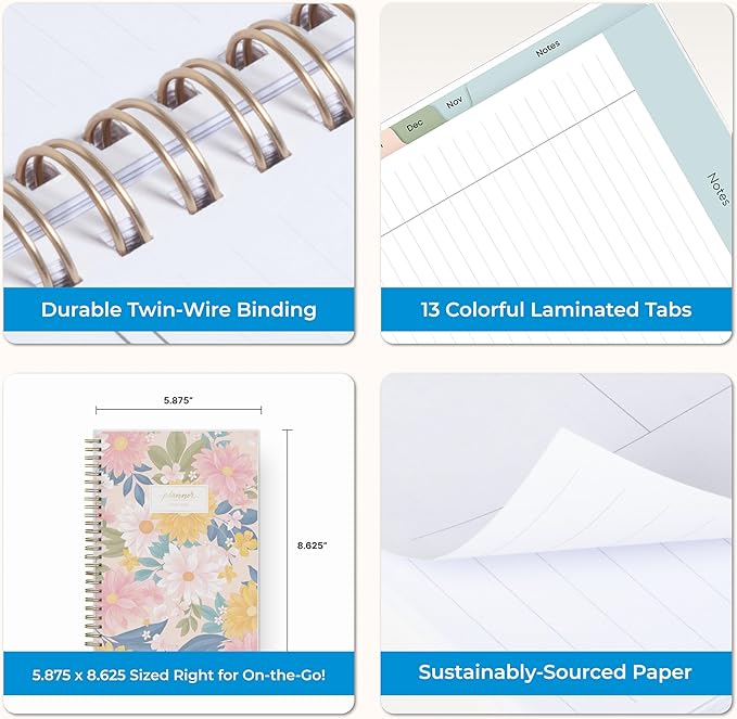 Blue Sky 2025-2026 Weekly and Monthly Academic Year Planner Calendar, July 2025 - June 2026, 5.8" x 8.6", Flexible Cover, Wirebound, Laminated Tabs, Storage Pocket, Daisy Garden