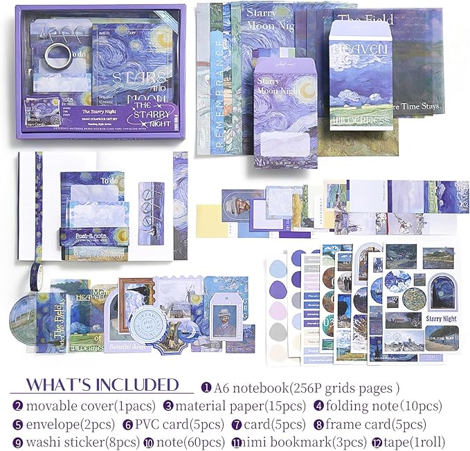 Scrapbook Supplies Kit, Vintage Oil Painting Journaling Supplies for Junk Journal, Aesthetic Scrapbook Kit with Scrapbook Paper Stickers Tapes, Art Craft DIY Gifts for Adult Teen Girls, Starry Night