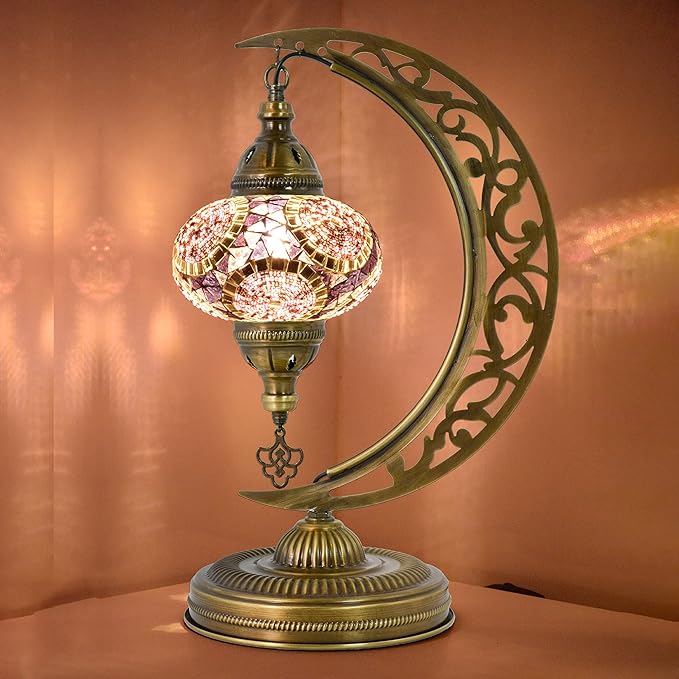 mozaist Turkish Mosaic Moon Shape Table Lamp, Moroccan Vintage Crescent Bohemian Handmade Bedside Light, Rustic Dining Room, Study Room, Office Decorative Lighting, Unique Turkish Gift (Lavender)