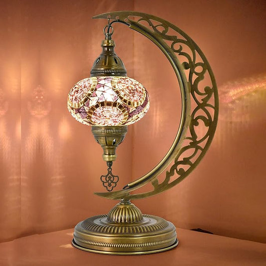 mozaist Turkish Mosaic Moon Shape Table Lamp, Moroccan Vintage Crescent Bohemian Handmade Bedside Light, Rustic Dining Room, Study Room, Office Decorative Lighting, Unique Turkish Gift (Lavender)