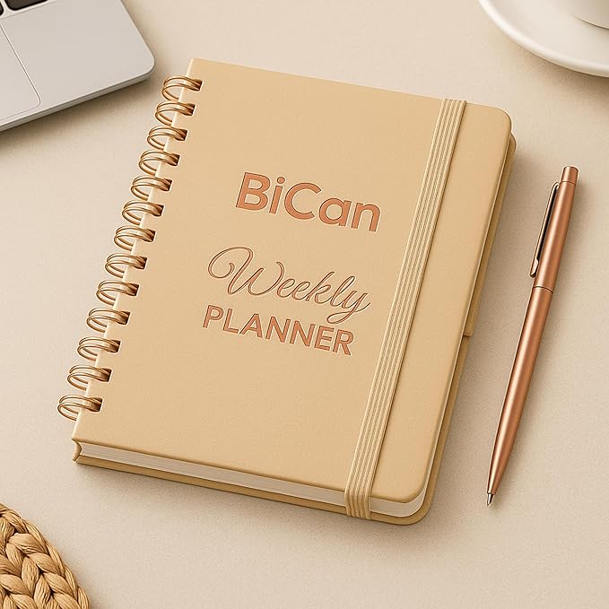 A5 Leather Planner & Journal Gift Set – Undated Weekly Spiral Notebook with Pen, Stickers & Box – Goal & Habit Tracker, Productivity Planner for Women & Men 5.8" x 8.0"