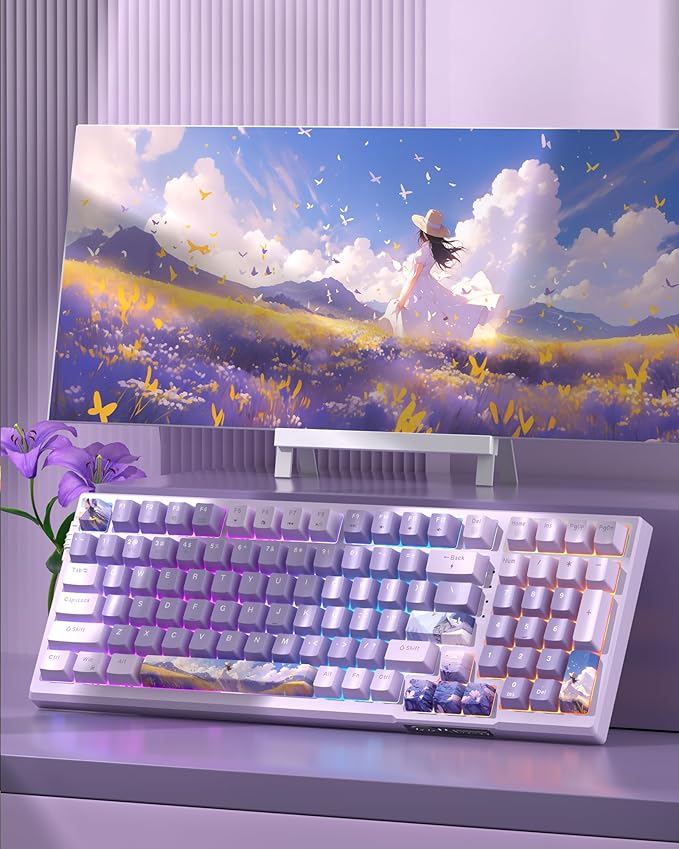 MageGee SKY98 Wireless Gasket Mechanical Gaming Keyboard, 96% Hot Swappable RGB Custom Creamy Keyboard with 5-Layer Sound Padding, BT/2.4G/USB-C, NKRO for Win/Mac (Lavender, Violet Switch)