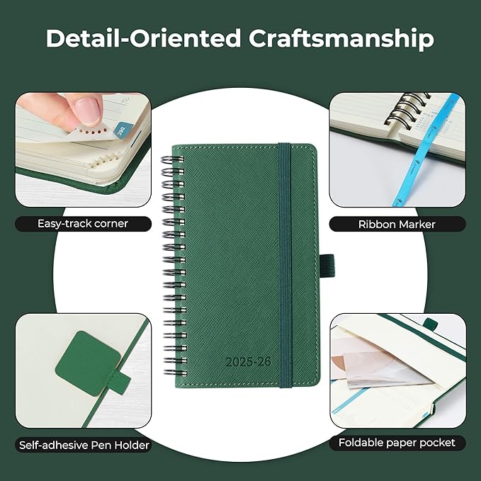 Planner 2025-2026 Daily Weekly and Monthly,6.5"x3.75",18 Months Spiral Bound Calendar Agenda with Self-adhesive Pen Holder,2026 Academic Plan with Vegan Leather Soft Cover,Green
