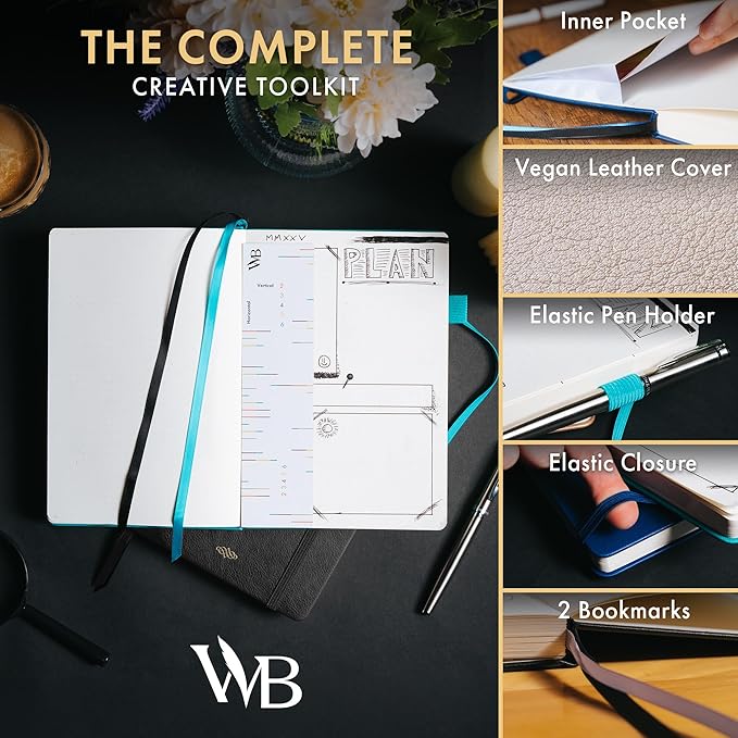 Wordsworth & Black A5 Bullet Dotted Journal 216 Dotted Pages, Hardcover Grid Dot Leather, 120 GSM Paper, Journaling Notebook for Work & Sketching, Journals for Women, Men - Gifts Box Included Black