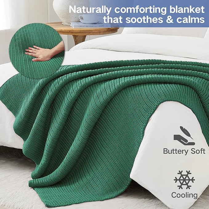 Guohaoi Knitted Weighted Blanket for Adults (Green 60"x80" 12lbs) No Beads Cooling Throw Blanket for Hot Sleepers, Home Decor Breathable Chunky Knit Heavy Blanket Use on Queen/King Size Bed