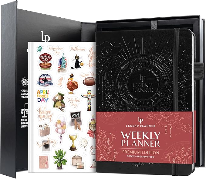 Legend Weekly Planner Premium – Undated Weekly, Monthly & Budget Planner – Life Organizer for Time Management & Productivity, A5 (Black, New Cover)