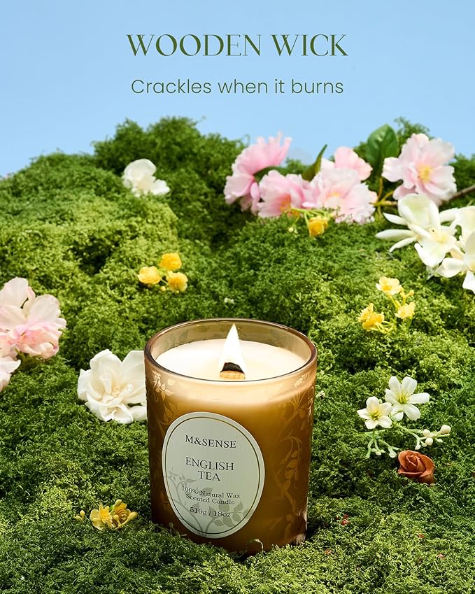 M&SENSE Lemon English Tea Candle, Wooden Wick Scented Candles, 100 Hours Long Burning No Toxin Natural Soy Wax 18oz, Calming Relaxing Home Fragrance, Housewarming Gifts for Men Women