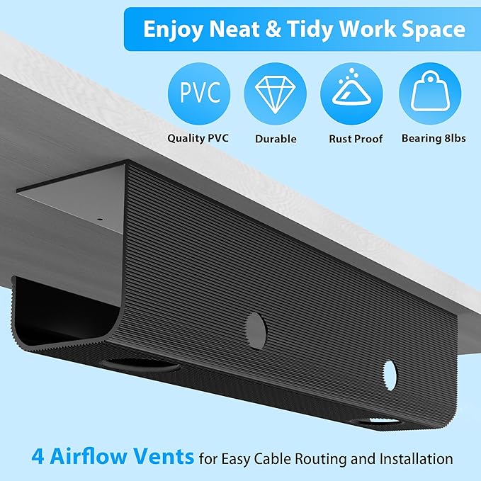 ZhiYo 2 Pack Large Capacity Cable Management Tray 31.5in (2xL15.7in), Thick PVC Under Desk Cable Tray Kit with 4 Cable Clips & 5 Ties, Standing Cord Management Desk Organizer for Office or Home, Black