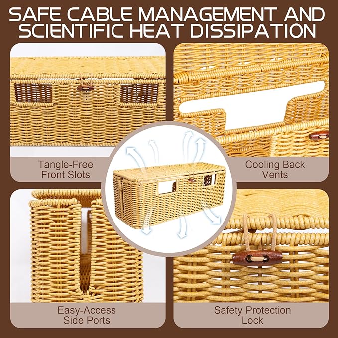16 In Large Rattan Cable Management Box, Handwoven Cord Management Box with 5 Slots, Floor Cord Hider Boxes for Power Strip and Wire, Cable Organizer box with Lid for Desk, Floor, Office, Living Room