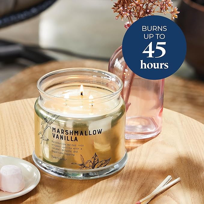 PartyLite Marshmallow Vanilla Scented with Caramel & Sugarcane Notes, 13.2oz 3-Wick Jar Candle, 45 Hour Burn Time, Luxurious Fragrance, Ideal for Gifting