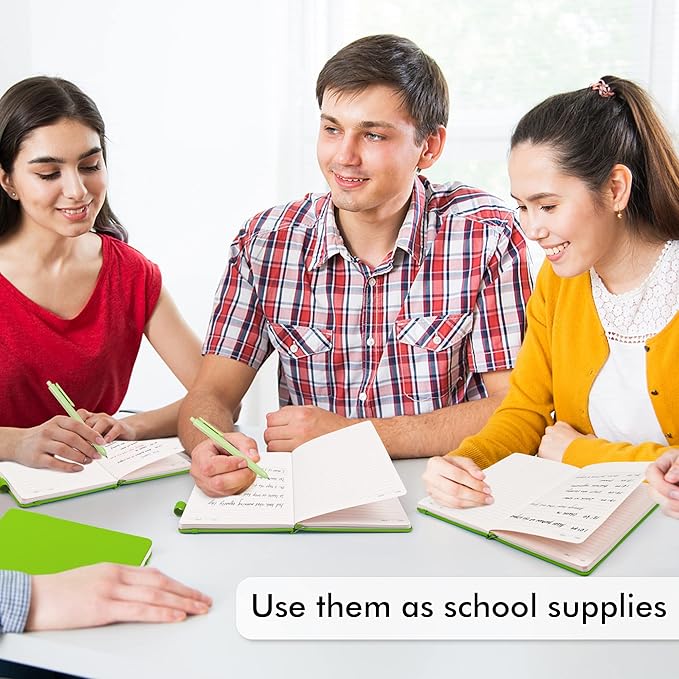 feela 3 Pack Notebooks Journals Bulk, Hardcover Notebook Classic Ruled Lined Journals with Pen Holder for Women Girls School Business Supplies, with 3 Black Pens, 120 GSM, 5.1”x8.3”, A5, Green