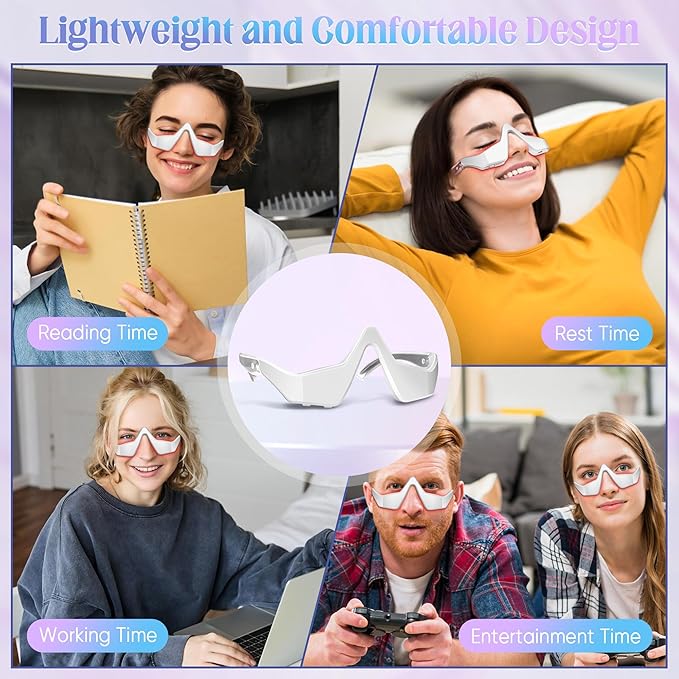 Under-Eye Light Therapy Device, Beauty Device with Eye Massage for Relieve Eye Bags, Eye Fatigue, Dark Circles, with Gel and Glasses Strap (White)