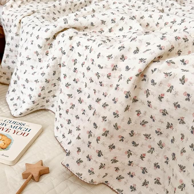BuLuTu Muslin Cotton Baby Quilt 47x51 Inch, Bellflower Pattern Nursery Blanket for Crib/Toddler Bed, Cottage Floral Baby Blankets, Soft Lightweight Summer Toddler Nap Quilts