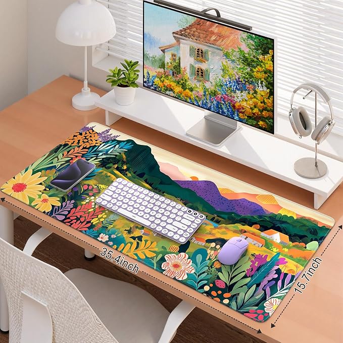 iCasso Large Gaming Mouse Pad (35"x16") - Waterproof Desk Mat with Non-Slip Rubber Base & Stitched Edges - Extended Keyboard Mousepad for Computer, PC, Office, Home Workspace (Oil Painting)