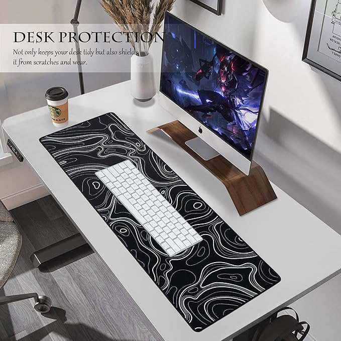 ALOANES Waterproof Mouse Pad with Durable Stitched Edge, XL Gaming Keyboard Pad, Non-Slip Rubber Base, Extended Desk pad for Gamer, Office & Home, Black Topographic Map Mousepad 31.5''x 11.8''x 0.12''