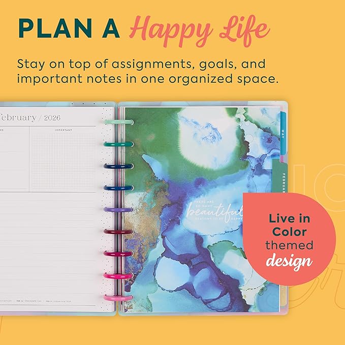 Happy Planner Disc-Bound Planner Jan.–Dec. 2026, Includes 3 Extra Months and 2 Sticker Sheets, Classic Size, 7" x 9.25", Horizontal Layout, Live in Color