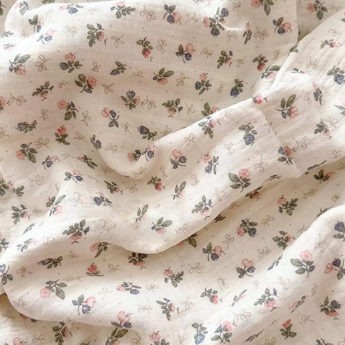 BuLuTu Muslin Cotton Baby Quilt 47x51 Inch, Bellflower Pattern Nursery Blanket for Crib/Toddler Bed, Cottage Floral Baby Blankets, Soft Lightweight Summer Toddler Nap Quilts