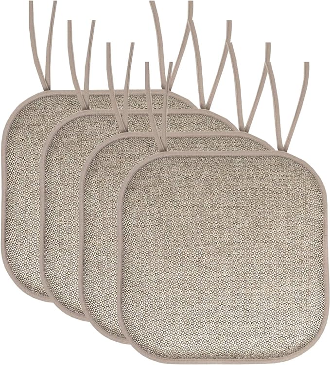 Sweet Home Collection Chair Cushion Memory Foam Pads with Ties Honeycomb Pattern Slip Non Skid Rubber Back Rounded Square 16" x 16" Seat Cover, 4 Pack, Cameron Beige Taupe