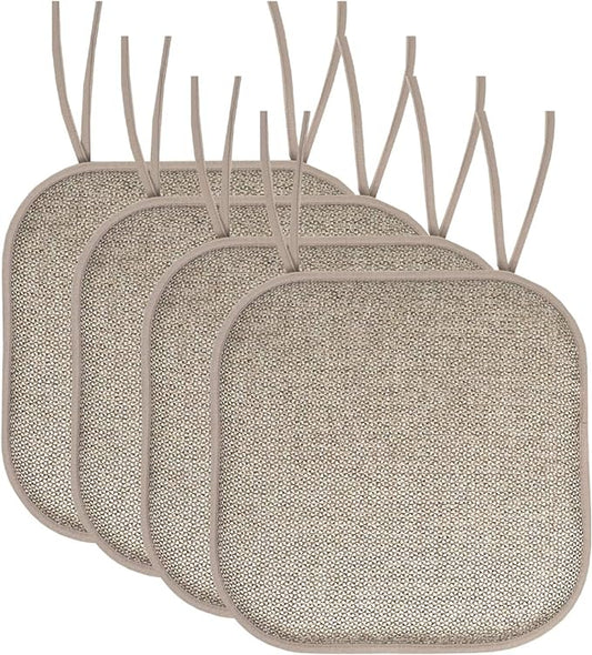 Sweet Home Collection Chair Cushion Memory Foam Pads with Ties Honeycomb Pattern Slip Non Skid Rubber Back Rounded Square 16" x 16" Seat Cover, 4 Pack, Cameron Beige Taupe