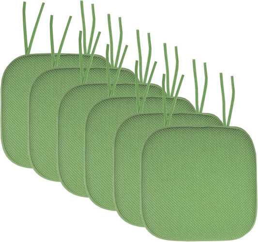 Sweet Home Collection Chair Cushion Memory Foam Pads with Ties Honeycomb Pattern Slip Non Skid Rubber Back Rounded Square 16" x 16" Seat Cover, 6 Pack, Green 6 Pack