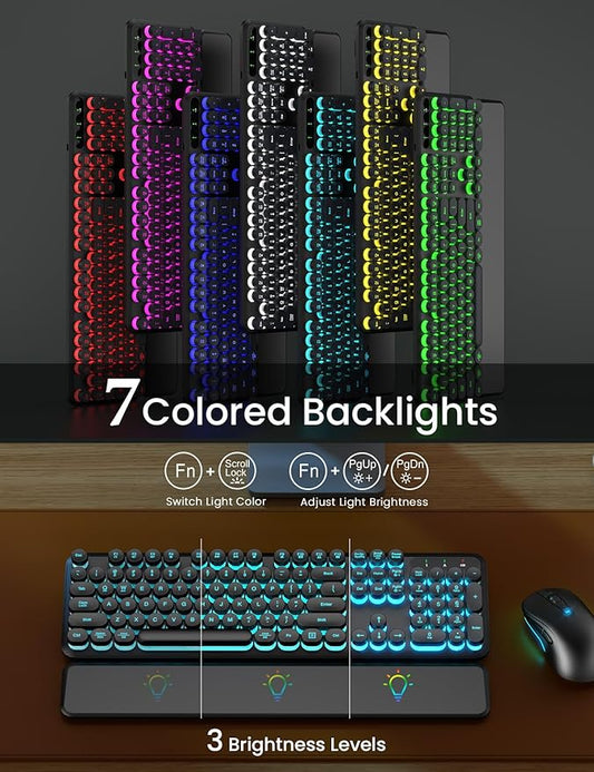 Wireless Keyboard and Mouse Backlit - Typewriter Keyboard with Detachable Wrist Rest, Retro Round Keycaps, Light Up Letters, 2.4G Cordless Combo for Mac, Windows, PC, Laptop, Trueque [2024 Upgraded]