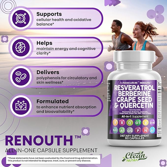 Clean Resveratrol Supplement | Berberine Grape Seed Extract Quercetin Green Tea Extract Acai Noni Polyphenol Supplement for Women & Men Anti Aging N-Acetyl Cysteine NAD Booster